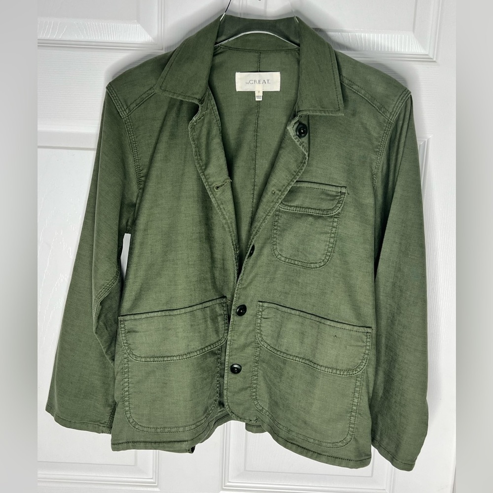 The Great. Button Down Blazer Linen Blend Olive Green Sz 0